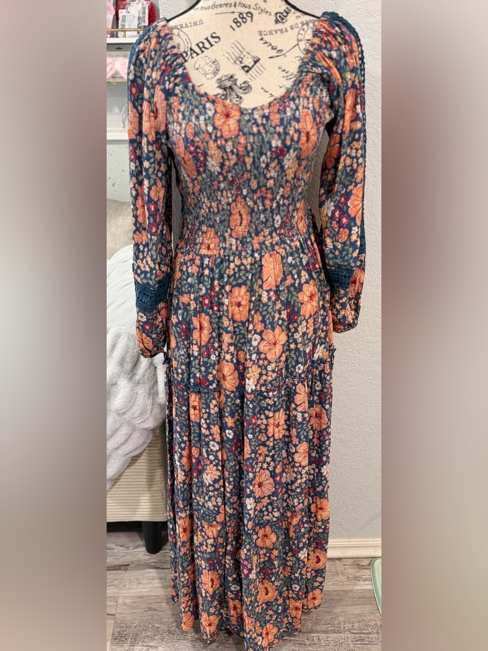 Angie Floral Maxi Dress Medium Boho Cottagecore Smocked Crochet Sleeve 100%Rayon - Picture 2 of 8